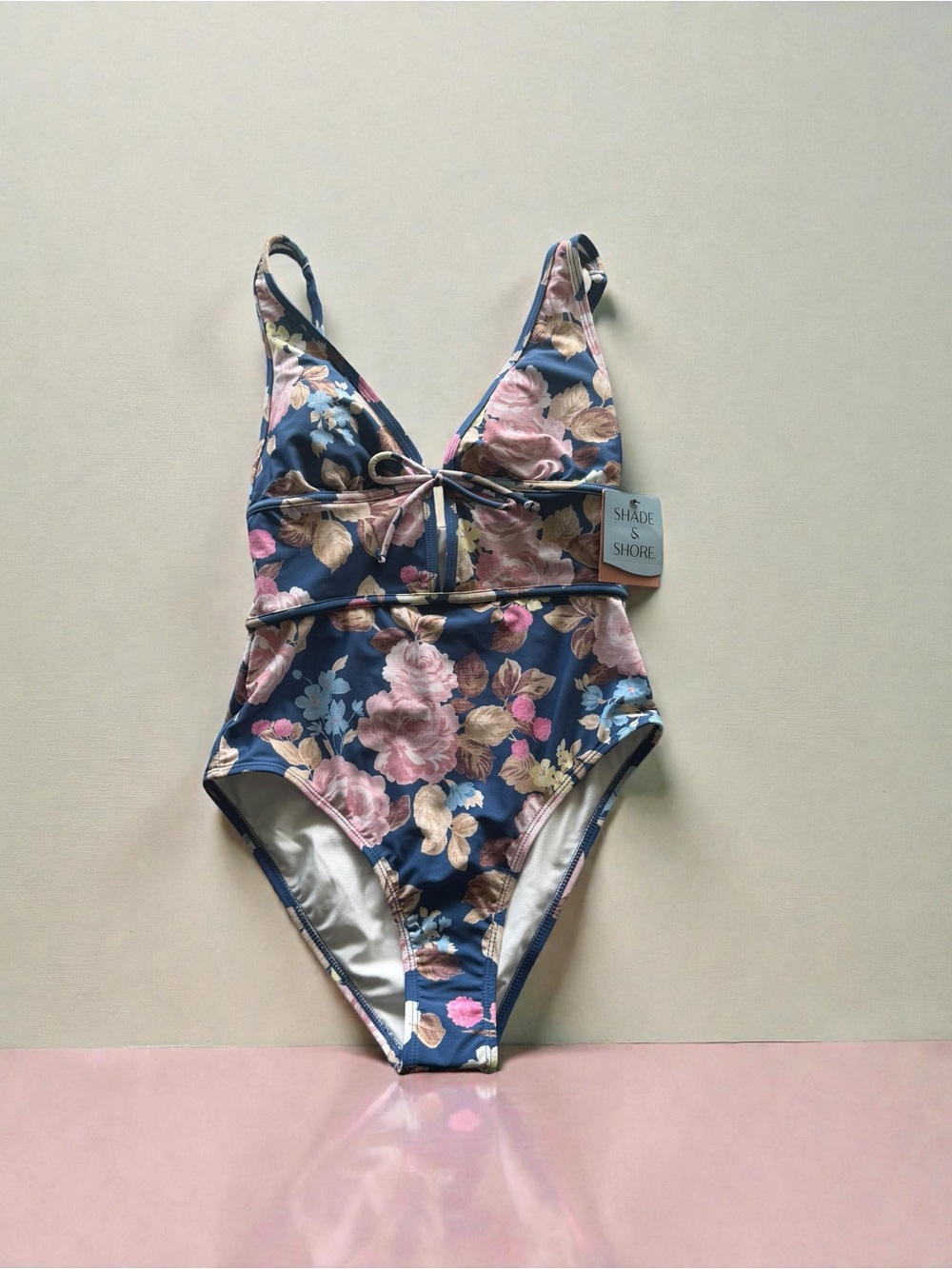 Shade & Shore Navy Floral One-Piece Swimsuit with Pink & Tan Blooms
